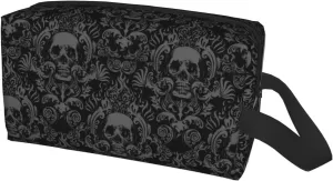 Gothic Skull Black Flower Halloween Cosmetic Bag for Women, Large Capacity Travel Makeup Pouch Portable Waterproof Toiletries Accessories Organizer