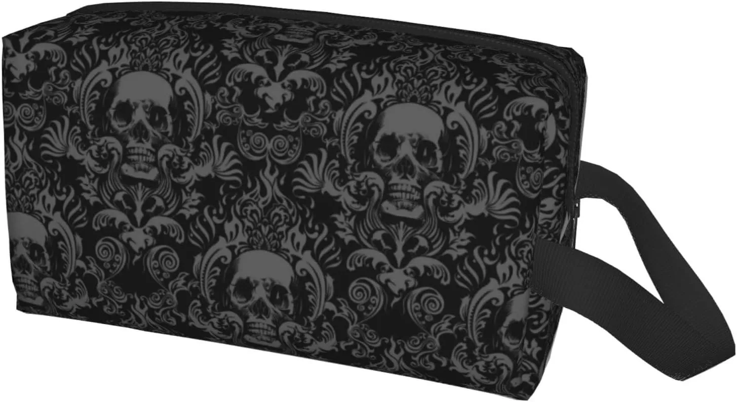 Gothic Skull Black Flower Halloween Cosmetic Bag for Women, Large Capacity Travel Makeup Pouch Portable Waterproof Toiletries Accessories Organizer