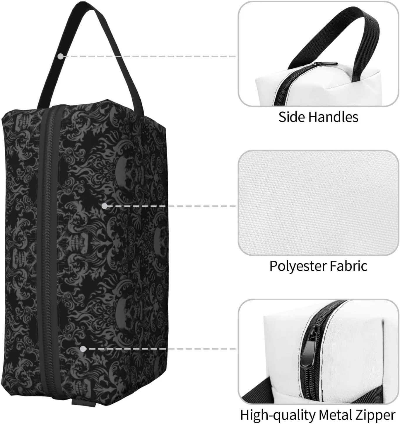 Gothic Skull Black Flower Halloween Cosmetic Bag for Women, Large Capacity Travel Makeup Pouch Portable Waterproof Toiletries Accessories Organizer