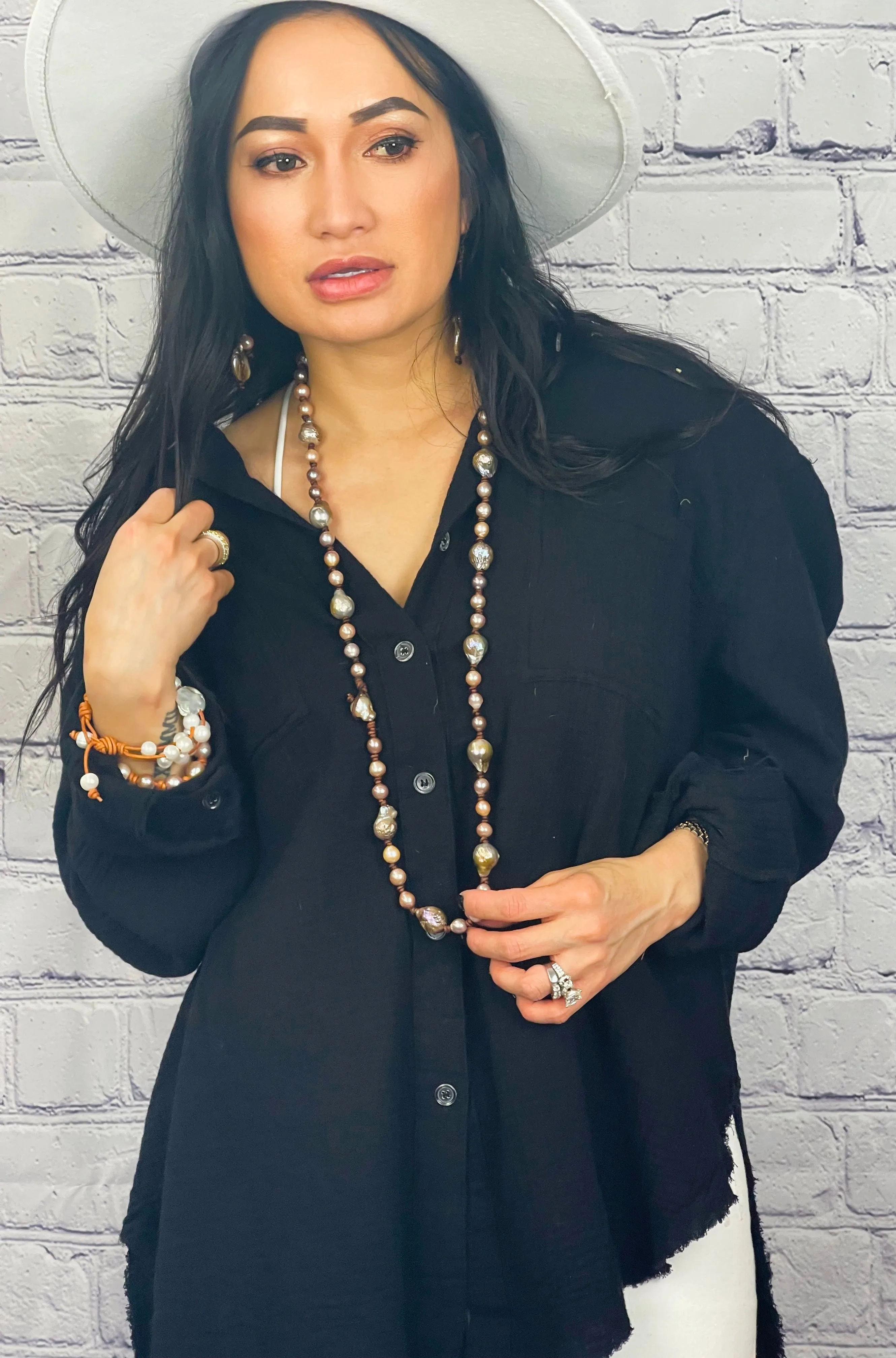 HC Freshwater Mix Pink/brown  Pearl and Leather Necklace