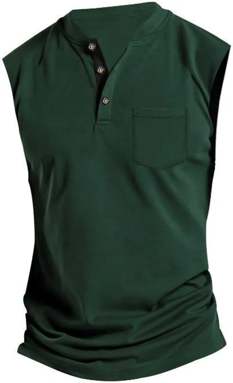 Henley Tank Top Men Summer Casual Sleeveless V Neck Button Up Muscle T Shirts with Pocket Beach Vacation Tops for Men
