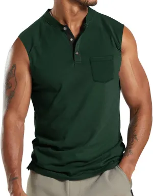 Henley Tank Top Men Summer Casual Sleeveless V Neck Button Up Muscle T Shirts with Pocket Beach Vacation Tops for Men