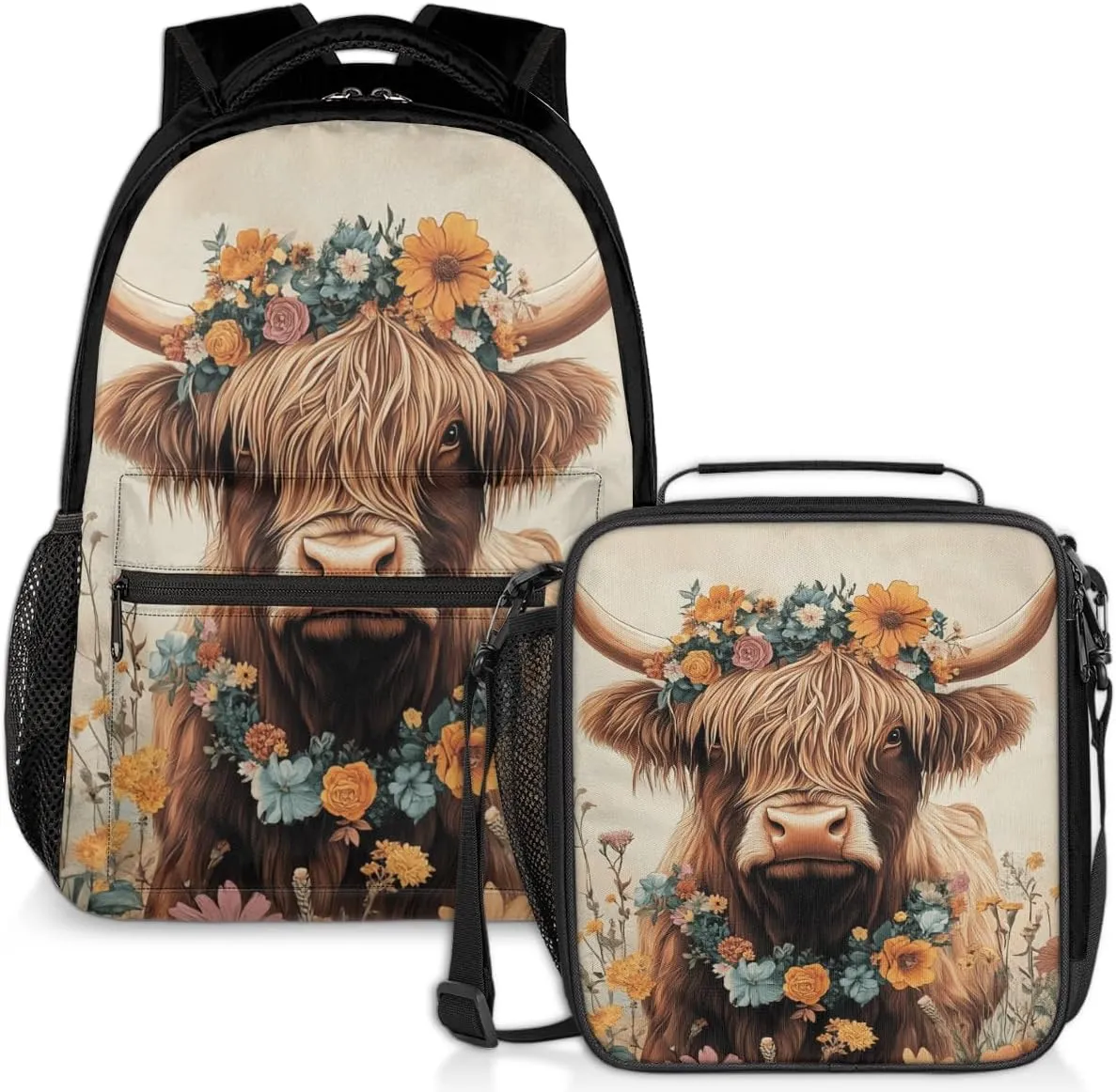 Highland Cattle Lunch Backpack Highland Cow Sunflower Laptop Backpacks Set with Insulated Cooler Lunch Box Leak Proof Lunch Bag for Women Men Work Travel Camping Daypack