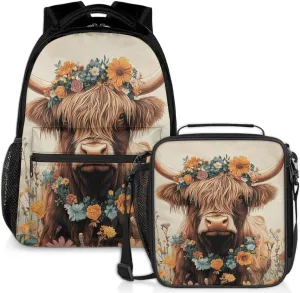 Highland Cattle Lunch Backpack Highland Cow Sunflower Laptop Backpacks Set with Insulated Cooler Lunch Box Leak Proof Lunch Bag for Women Men Work Travel Camping Daypack