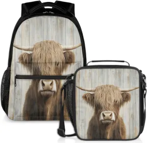 Highland Cow Lunch Backpack Wooden Cattle Laptop Backpacks Set with Insulated Cooler Lunch Box Leak Proof Lunch Bag for Women Men Work Travel Camping Daypack