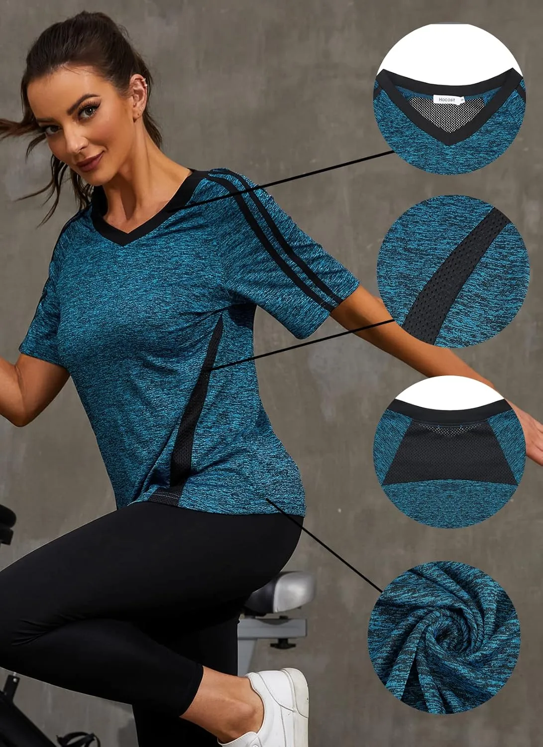 HOCOSIT Women's Yoga Tops Activewear V Neck Workout Shirts Exercise Running Dry Fit Tee