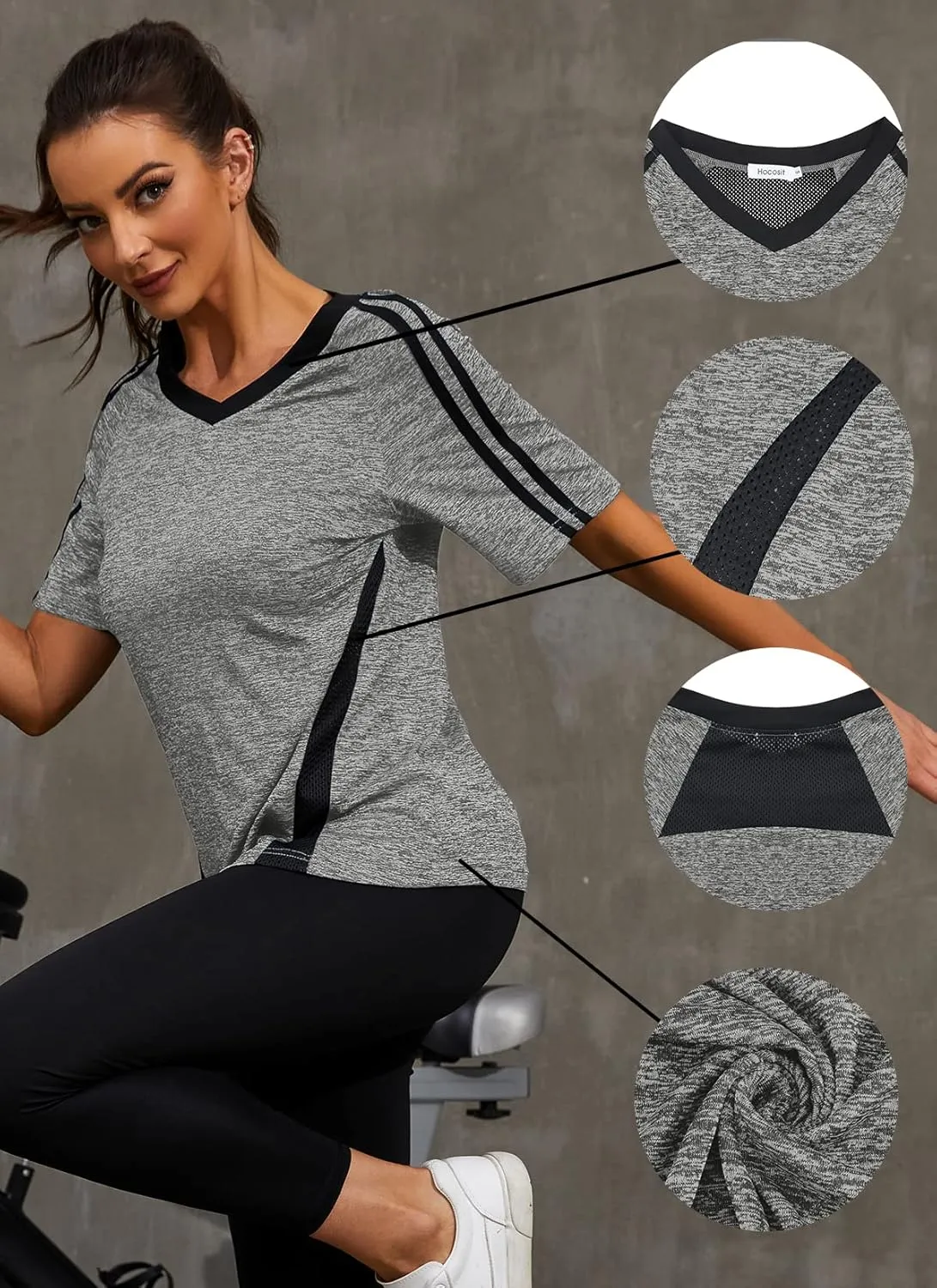 HOCOSIT Women's Yoga Tops Activewear V Neck Workout Shirts Exercise Running Dry Fit Tee