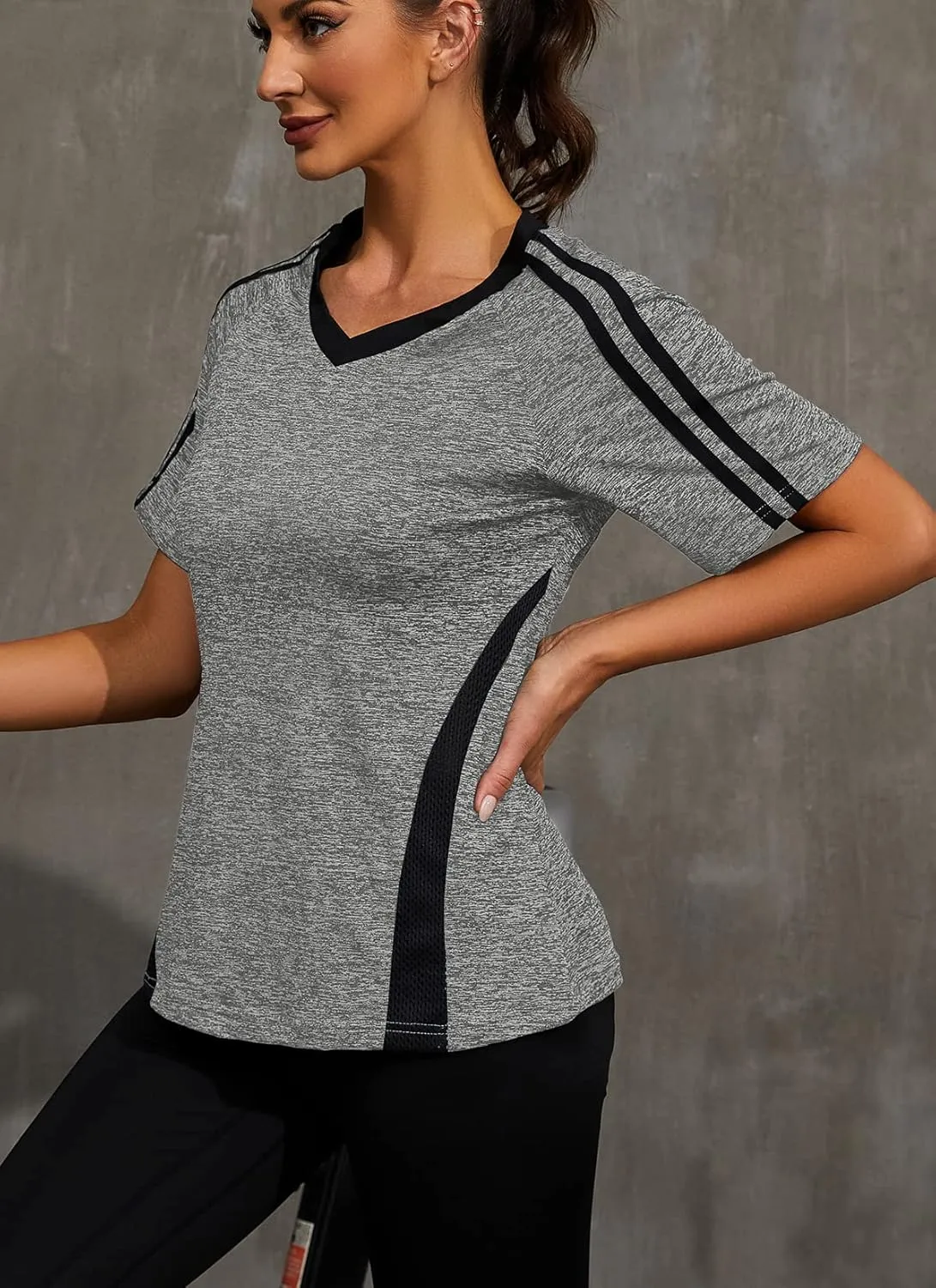 HOCOSIT Women's Yoga Tops Activewear V Neck Workout Shirts Exercise Running Dry Fit Tee