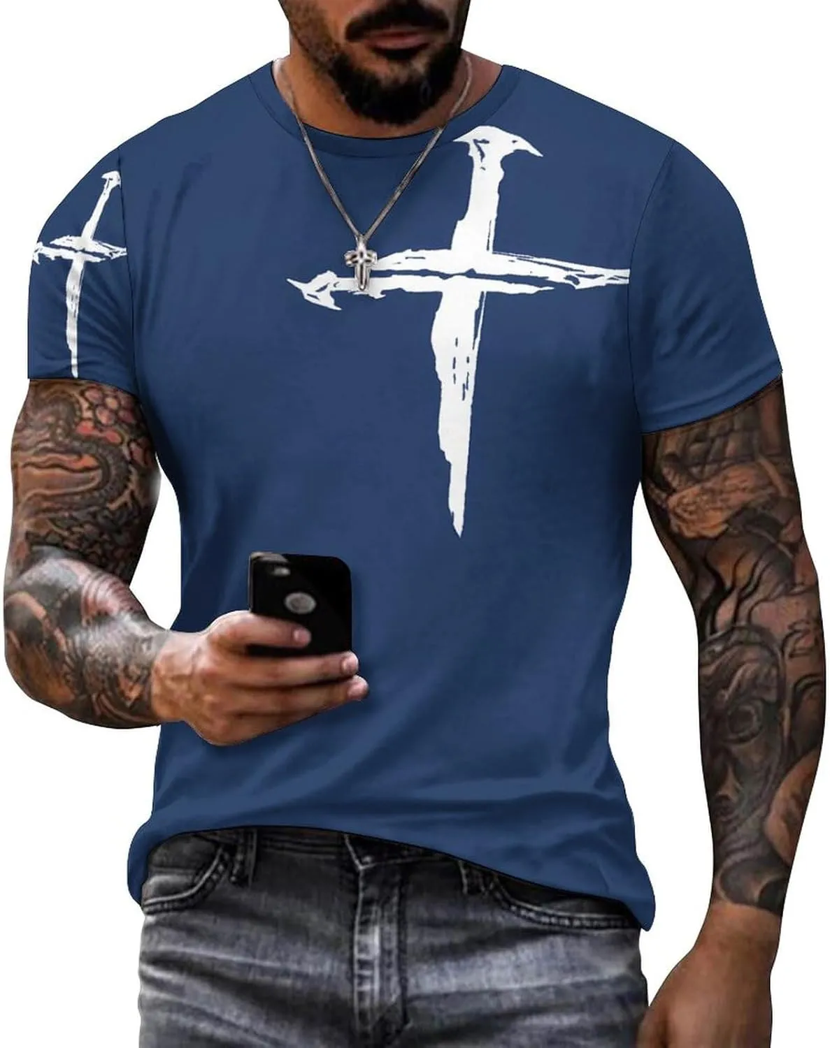 HOTYD Mens T-Shirts Jesus Cross Faith Vintage Oil Painting Casual T-Shirts Summer Short Sleeve Crew Neck Christian Tops