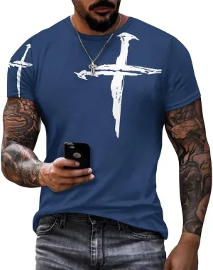 HOTYD Mens T-Shirts Jesus Cross Faith Vintage Oil Painting Casual T-Shirts Summer Short Sleeve Crew Neck Christian Tops
