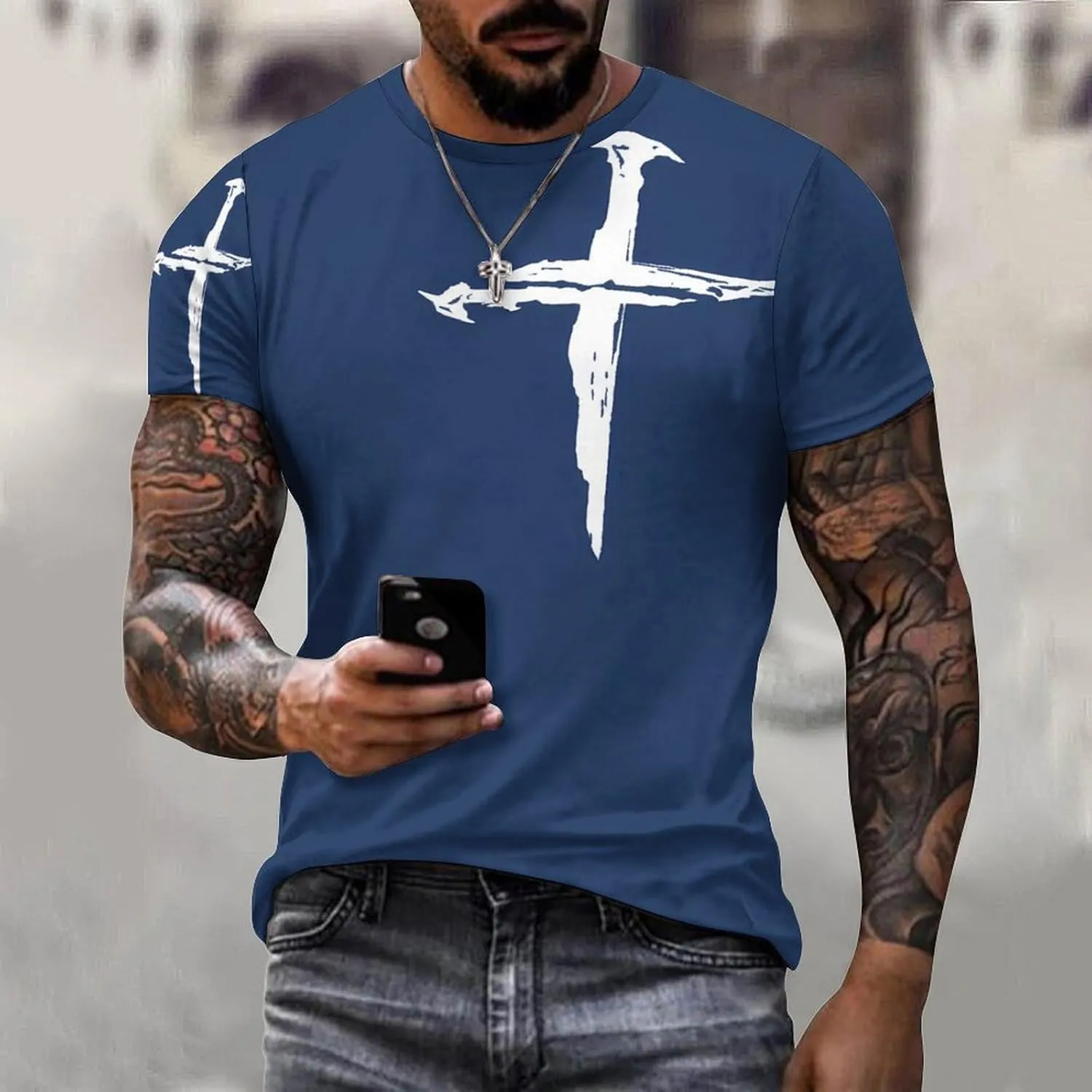 HOTYD Mens T-Shirts Jesus Cross Faith Vintage Oil Painting Casual T-Shirts Summer Short Sleeve Crew Neck Christian Tops