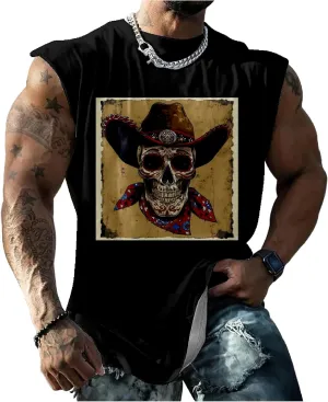 HOTYD Skull Print Graphic Tank Tops for Men Sleeveless Casual Cotton Shirts Big and Tall Muscle Shirts Bodybuilding Tank Tops