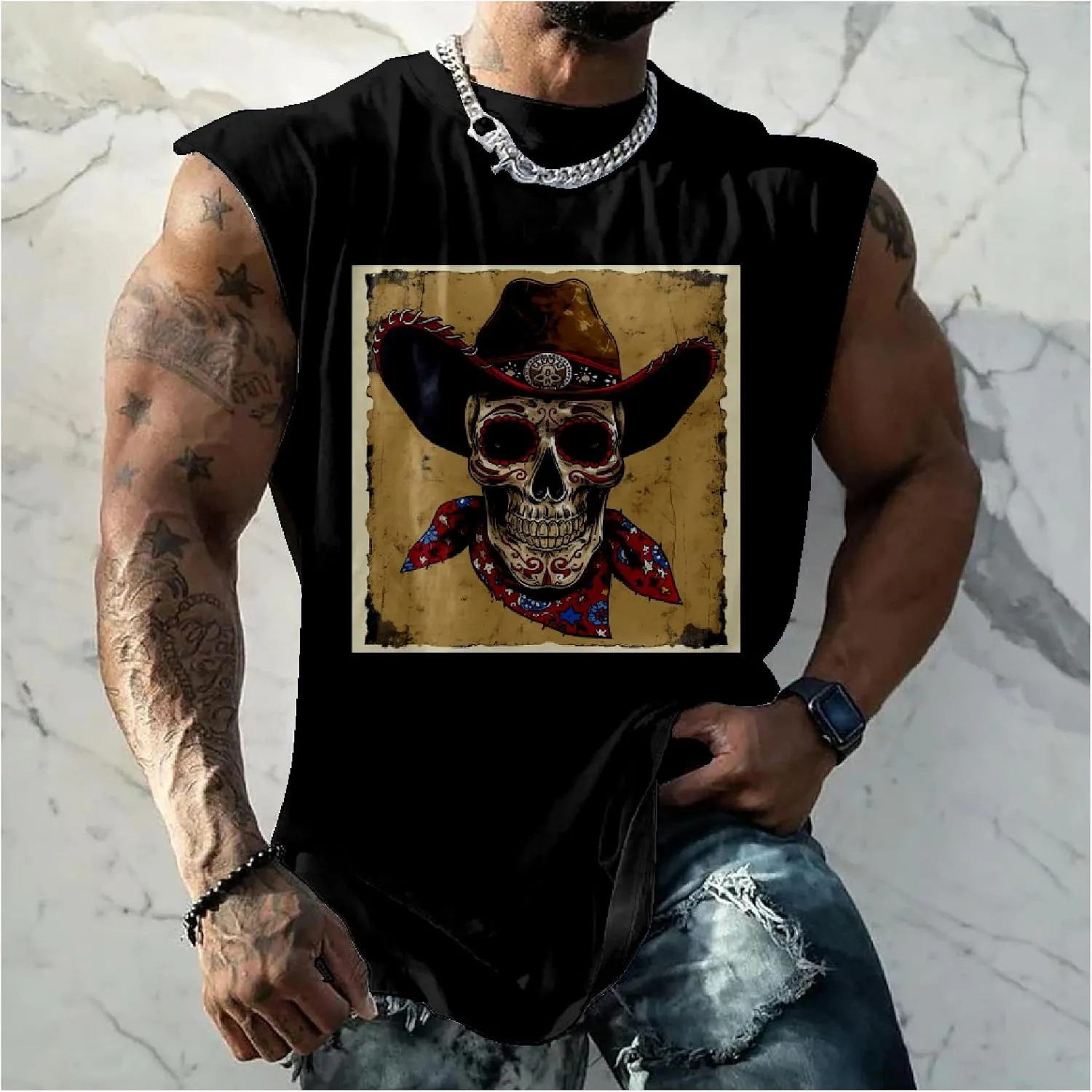 HOTYD Skull Print Graphic Tank Tops for Men Sleeveless Casual Cotton Shirts Big and Tall Muscle Shirts Bodybuilding Tank Tops
