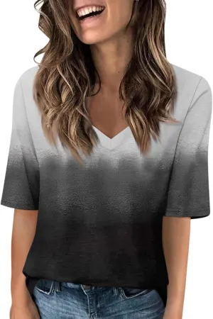 HXHYQKP Elbow Length Tops for Women V Neck T Shirts Casual Half Sleeve Tops Basic Summer Tees