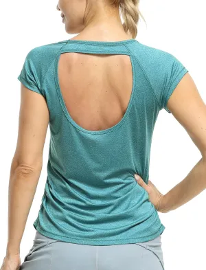 icyzone Workout Running Shirts for Women - Fitness Gym Yoga Exercise Short Sleeve T Shirts Open Back Tops