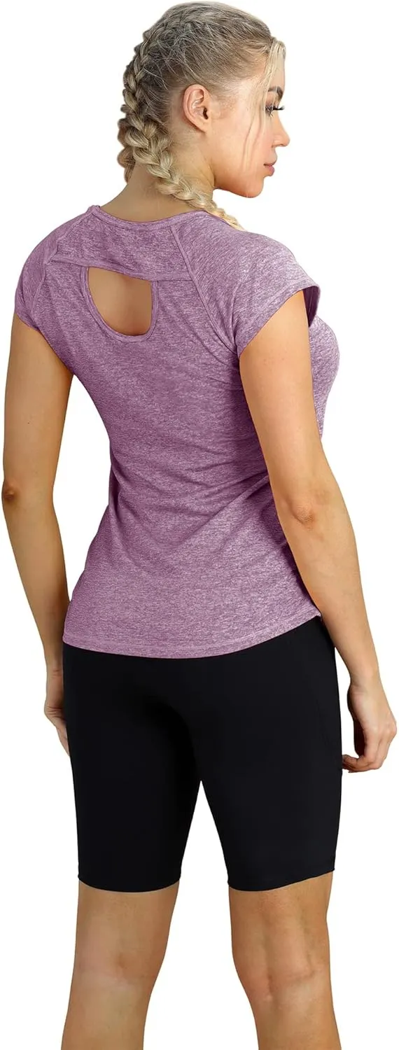 icyzone Workout Running Shirts for Women - Fitness Gym Yoga Exercise Short Sleeve T Shirts Open Back Tops