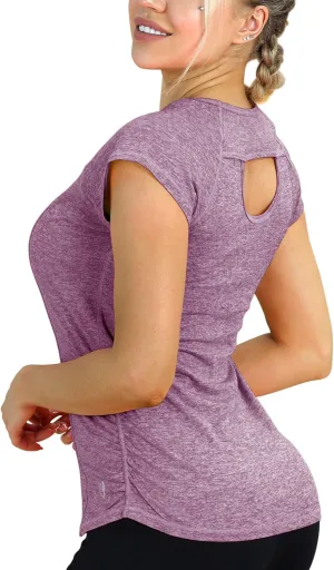 icyzone Workout Running Shirts for Women - Fitness Gym Yoga Exercise Short Sleeve T Shirts Open Back Tops