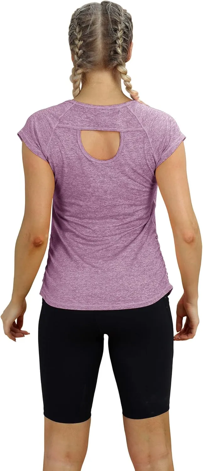 icyzone Workout Running Shirts for Women - Fitness Gym Yoga Exercise Short Sleeve T Shirts Open Back Tops