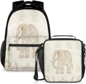 Indian Elephant Lunch Backpack Boho Animal Laptop Backpacks Set with Insulated Cooler Lunch Box Leak Proof Lunch Bag for Women Men Work Travel Camping Daypack