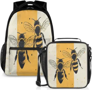 Insect Bees Lunch Backpack Yellow Animal Laptop Backpacks Set with Insulated Cooler Lunch Box Leak Proof Lunch Bag for Women Men Work Travel Camping Daypack
