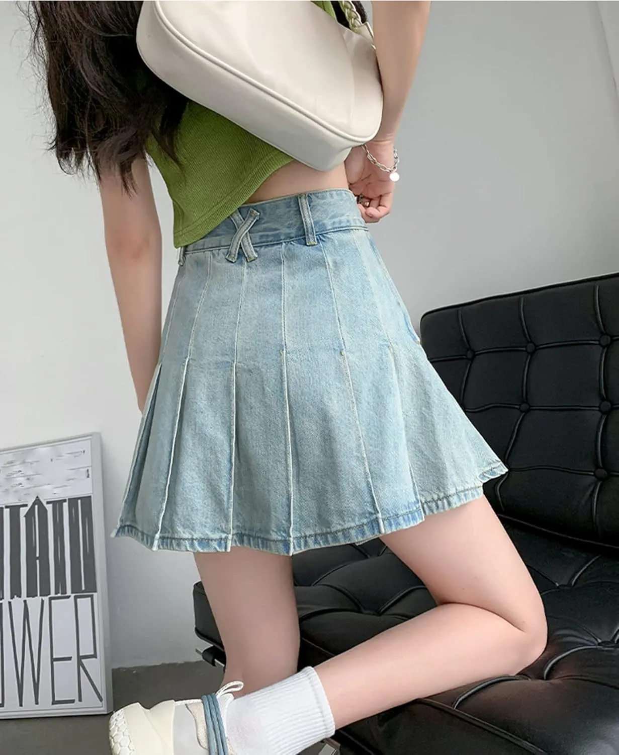 Jean Skirt for Women High Waisted Vintage A-line Flare Pleated Uniform Denim Skirt Raw Hem Mini Skirt