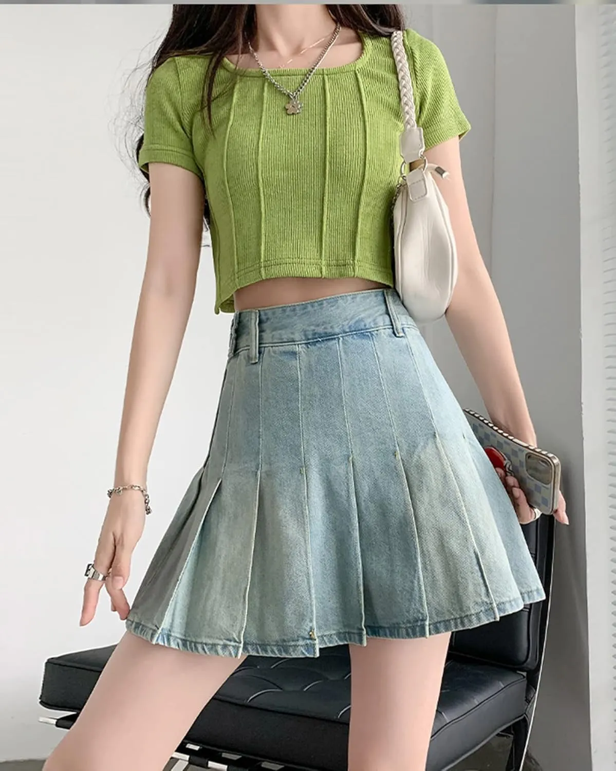 Jean Skirt for Women High Waisted Vintage A-line Flare Pleated Uniform Denim Skirt Raw Hem Mini Skirt