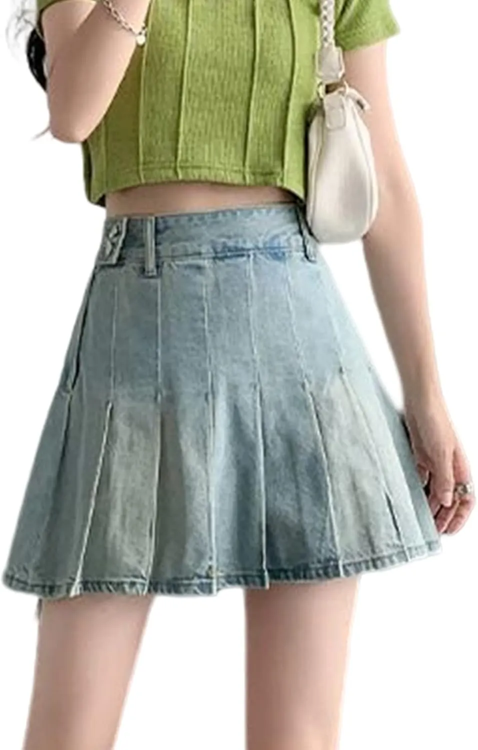 Jean Skirt for Women High Waisted Vintage A-line Flare Pleated Uniform Denim Skirt Raw Hem Mini Skirt