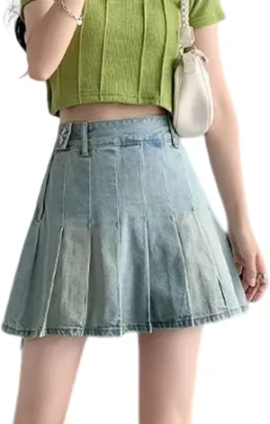 Jean Skirt for Women High Waisted Vintage A-line Flare Pleated Uniform Denim Skirt Raw Hem Mini Skirt