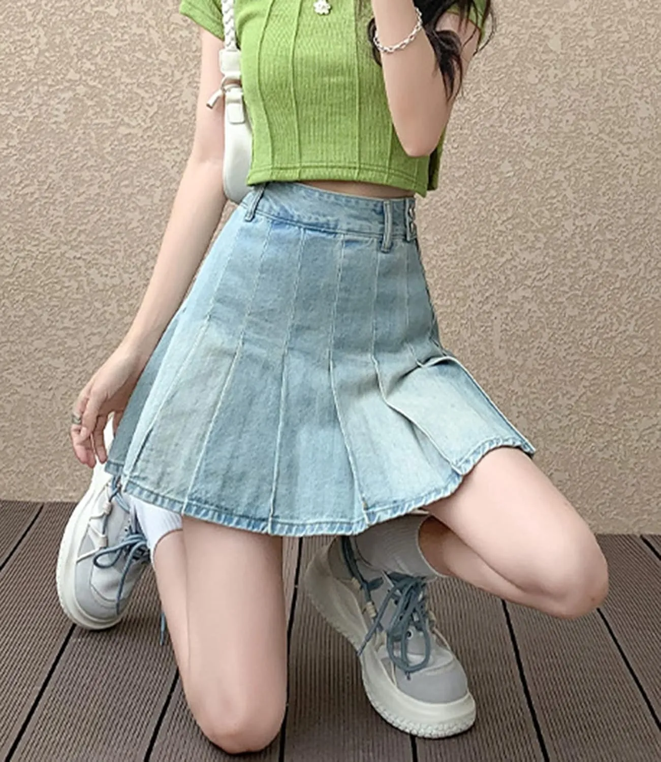 Jean Skirt for Women High Waisted Vintage A-line Flare Pleated Uniform Denim Skirt Raw Hem Mini Skirt