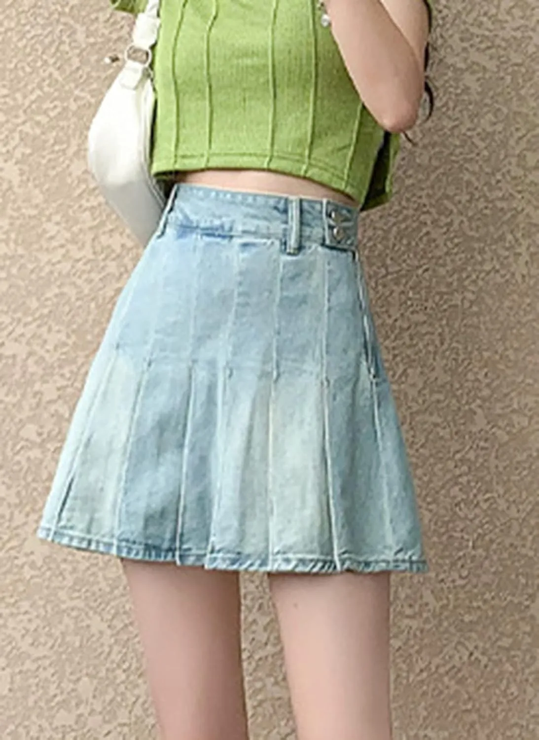 Jean Skirt for Women High Waisted Vintage A-line Flare Pleated Uniform Denim Skirt Raw Hem Mini Skirt