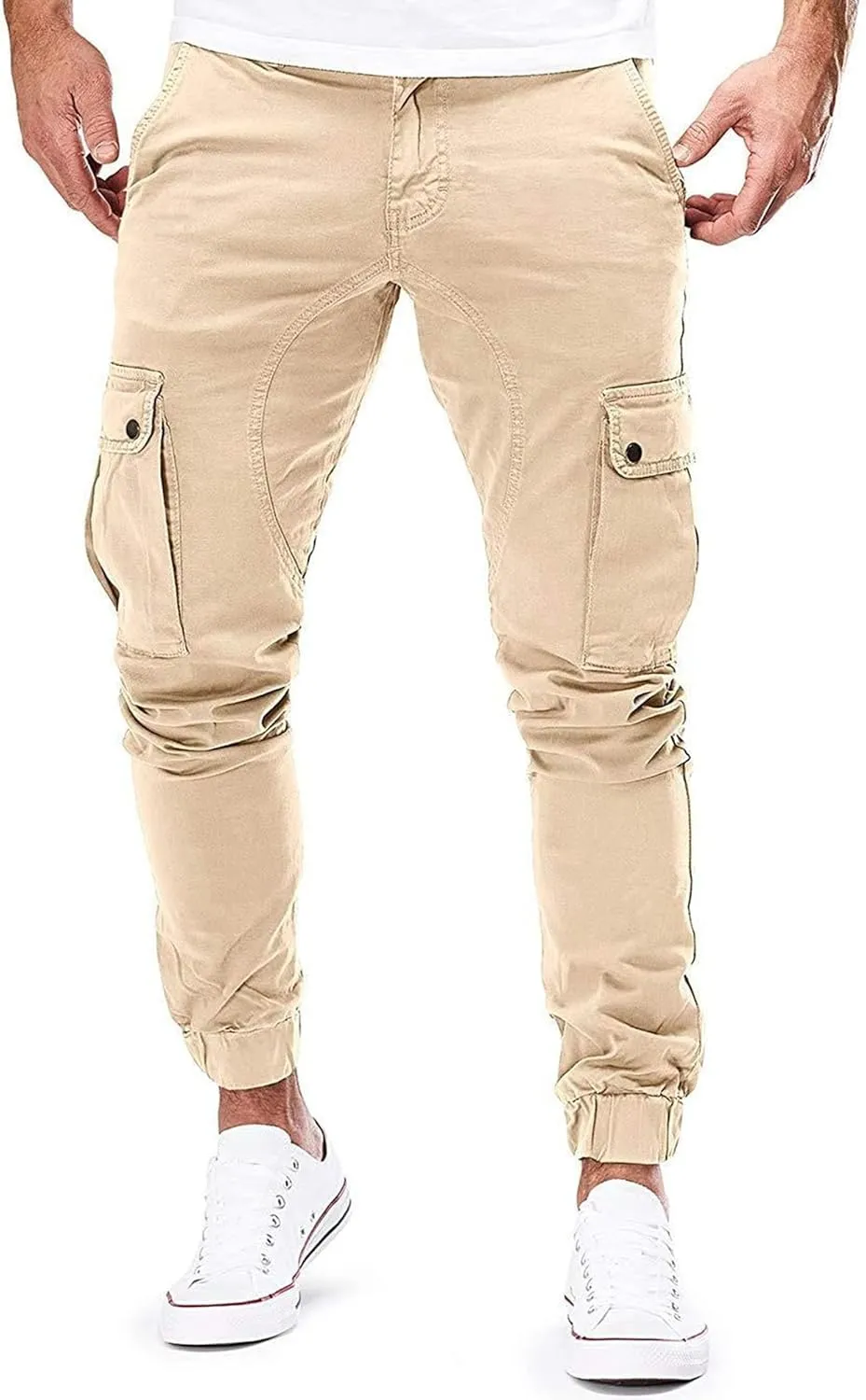 JEKE-DG Men's Slim Fit Ankle Cargo Pants Fashion Regular Casual Streetwear Pants Solid Distressed Pants with Pockets