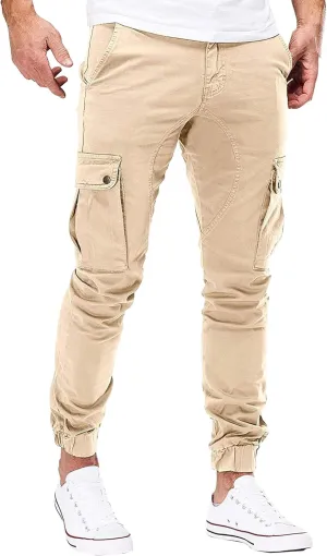 JEKE-DG Men's Slim Fit Ankle Cargo Pants Fashion Regular Casual Streetwear Pants Solid Distressed Pants with Pockets