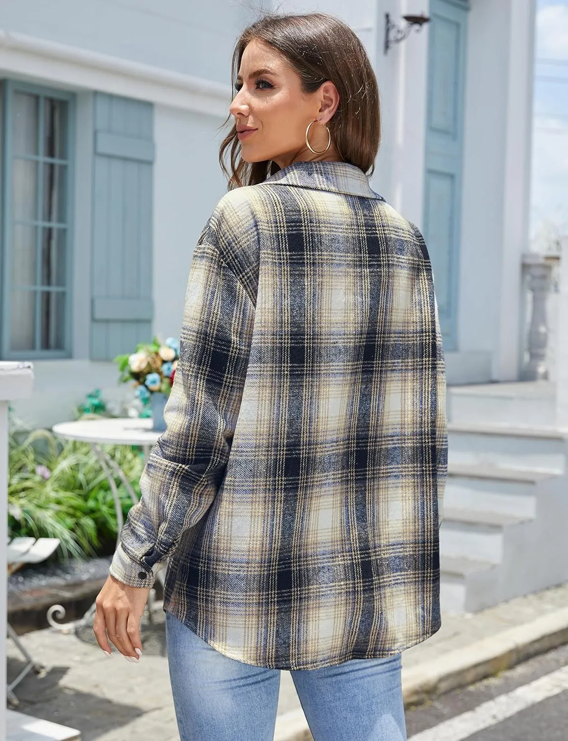 Jouica Womens 2024 Fall Clothes Plaid Shacket Jacket Long Sleeve Button Down Flannel Shirts Fashion Blouse