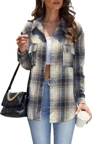 Jouica Womens 2024 Fall Clothes Plaid Shacket Jacket Long Sleeve Button Down Flannel Shirts Fashion Blouse