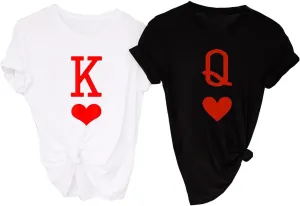 K and Q of Hearts Couple Shirt His and Hers Matching Outfit T Shirts Funny Cute Letter Print Graphic Casual Tee Tops