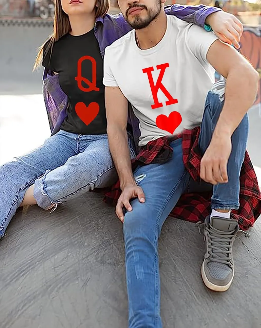 K and Q of Hearts Couple Shirt His and Hers Matching Outfit T Shirts Funny Cute Letter Print Graphic Casual Tee Tops