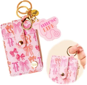 Keychain Wallet Matching Set Slim Credit Card Holder Hands Free Key Ring with Zipper Coin Pouch Gifts for Mom Teacher Nurse Appreciation Matching Accessories (Pink Bows)
