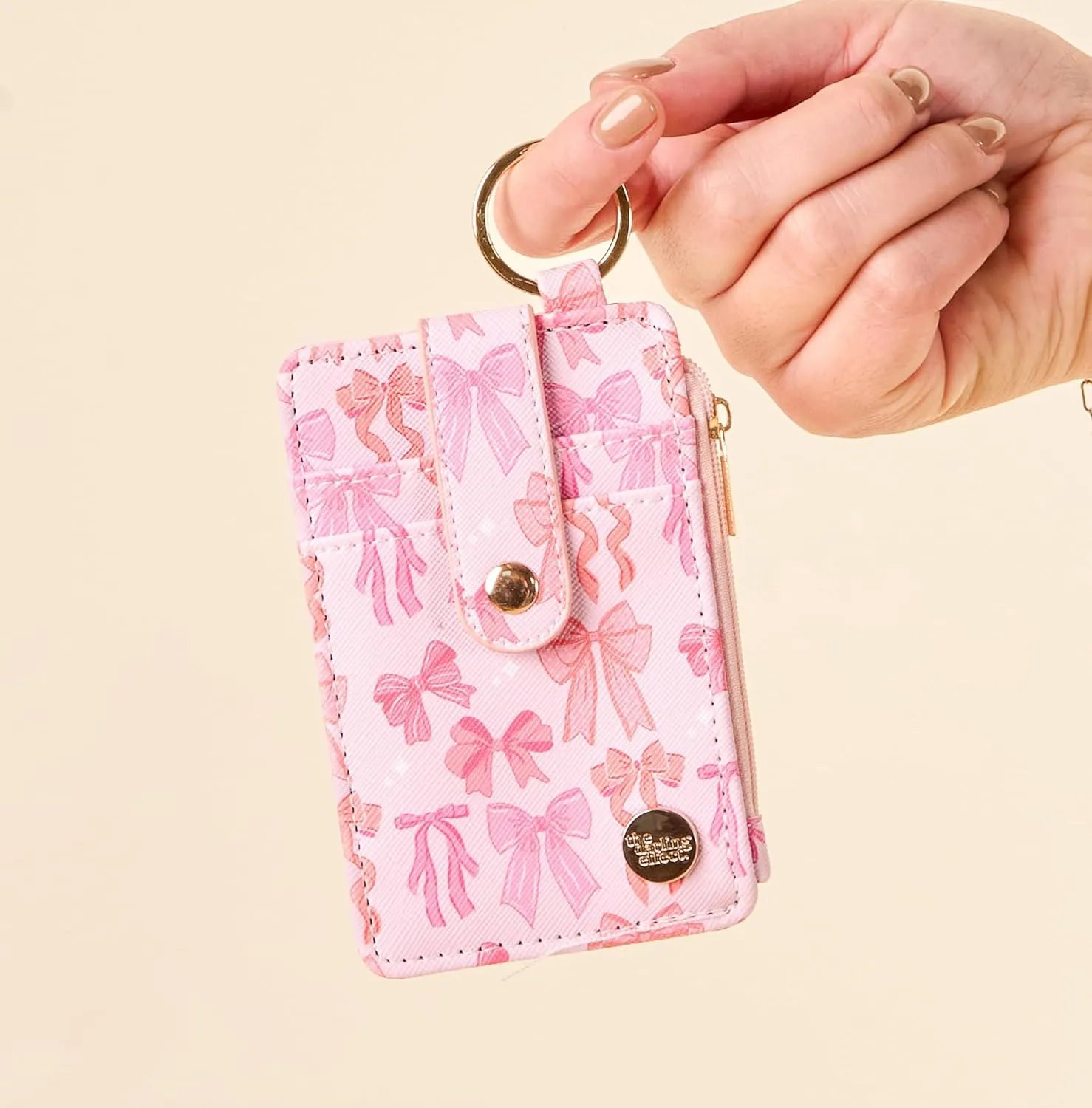 Keychain Wallet Matching Set Slim Credit Card Holder Hands Free Key Ring with Zipper Coin Pouch Gifts for Mom Teacher Nurse Appreciation Matching Accessories (Pink Bows)
