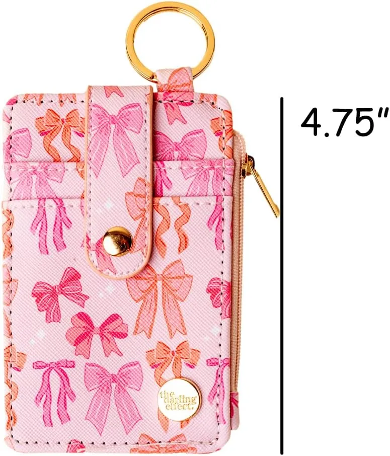 Keychain Wallet Matching Set Slim Credit Card Holder Hands Free Key Ring with Zipper Coin Pouch Gifts for Mom Teacher Nurse Appreciation Matching Accessories (Pink Bows)