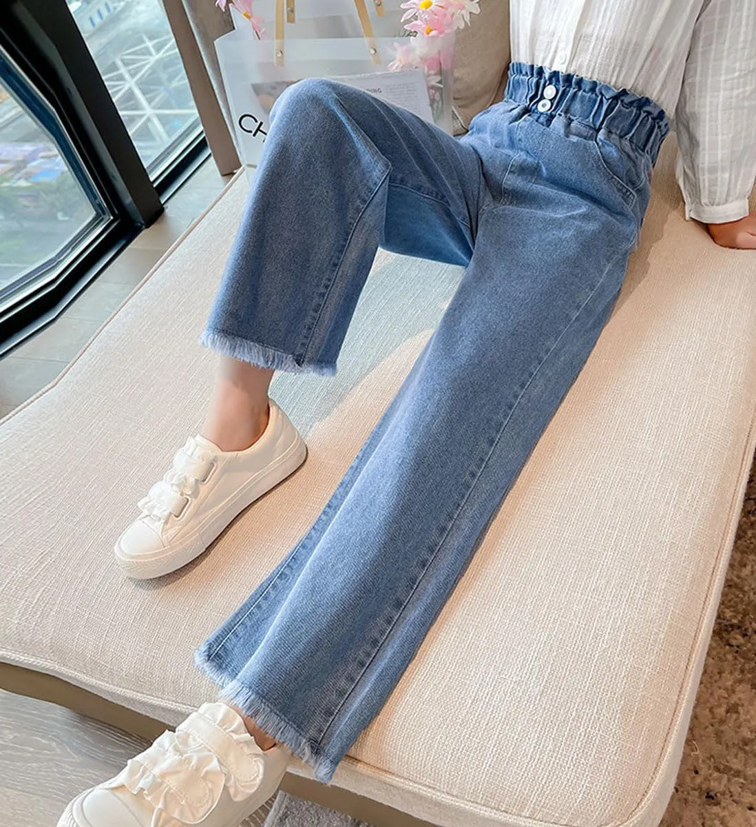 Kids Girls Baggy Jeans Casual Wide Leg High Waist Denim Pants Size 5-14 Years