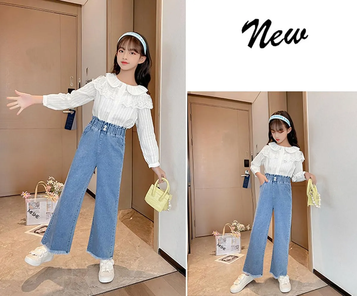 Kids Girls Baggy Jeans Casual Wide Leg High Waist Denim Pants Size 5-14 Years