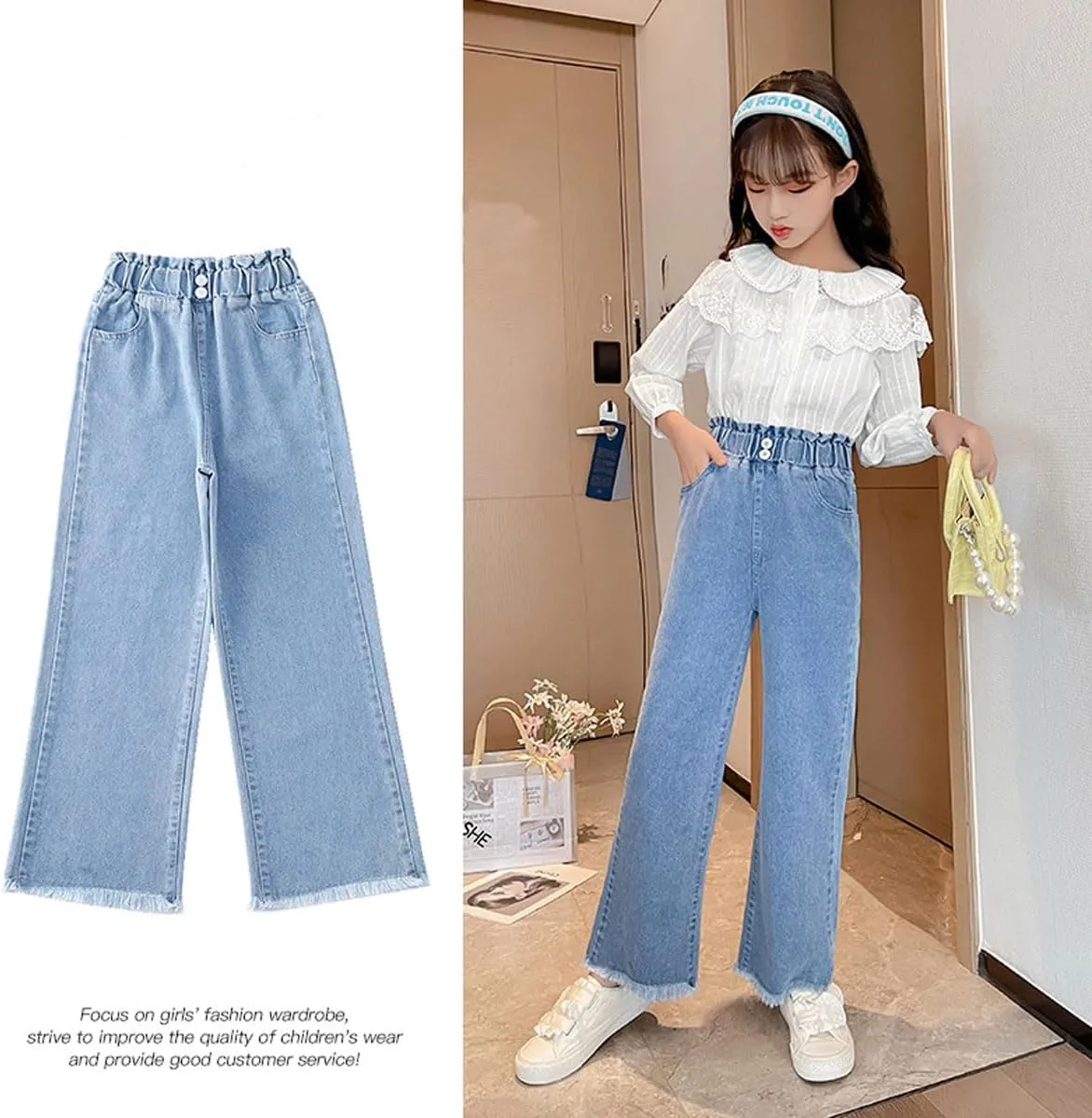 Kids Girls Baggy Jeans Casual Wide Leg High Waist Denim Pants Size 5-14 Years