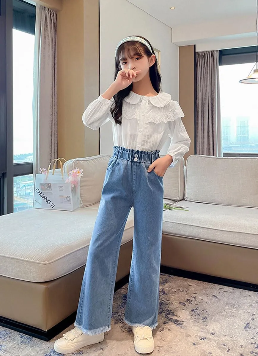 Kids Girls Baggy Jeans Casual Wide Leg High Waist Denim Pants Size 5-14 Years