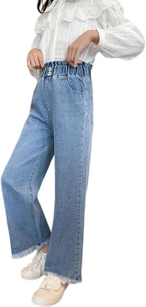 Kids Girls Baggy Jeans Casual Wide Leg High Waist Denim Pants Size 5-14 Years