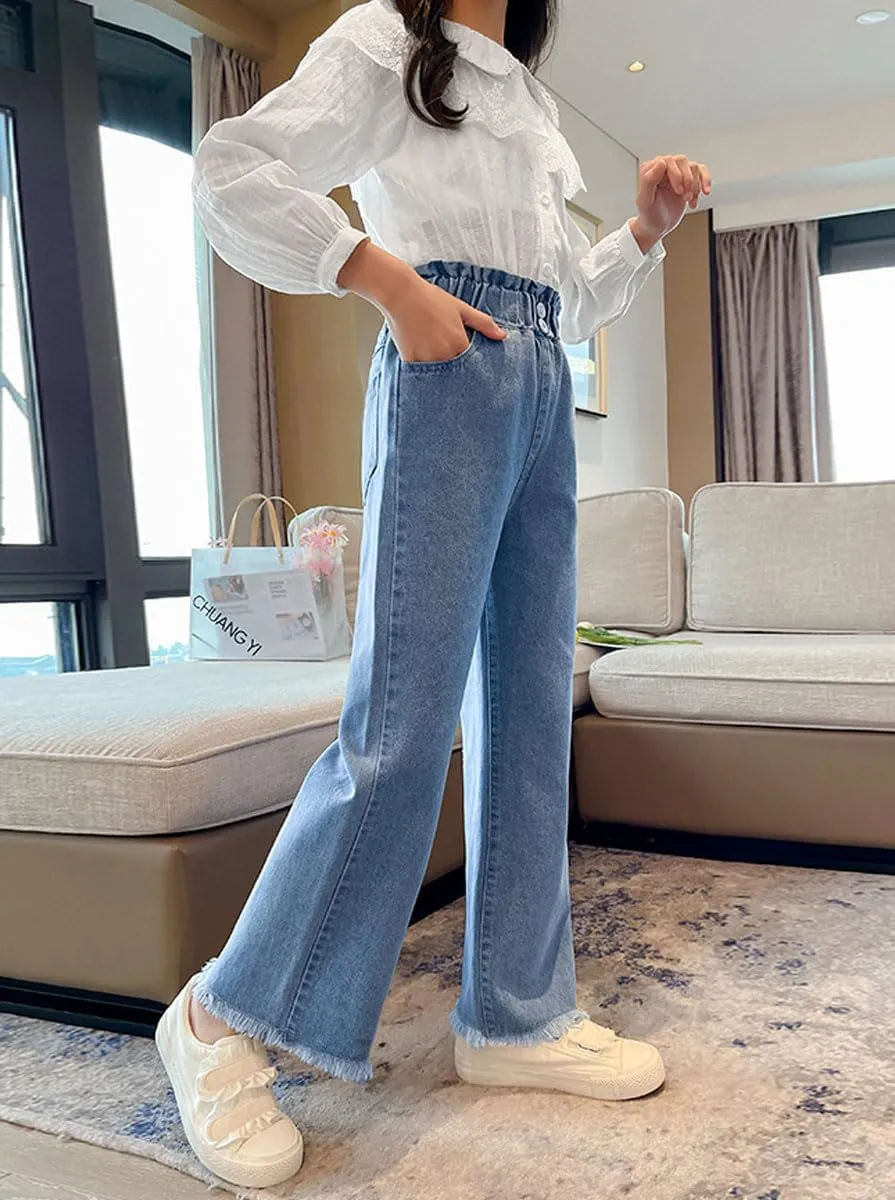 Kids Girls Baggy Jeans Casual Wide Leg High Waist Denim Pants Size 5-14 Years