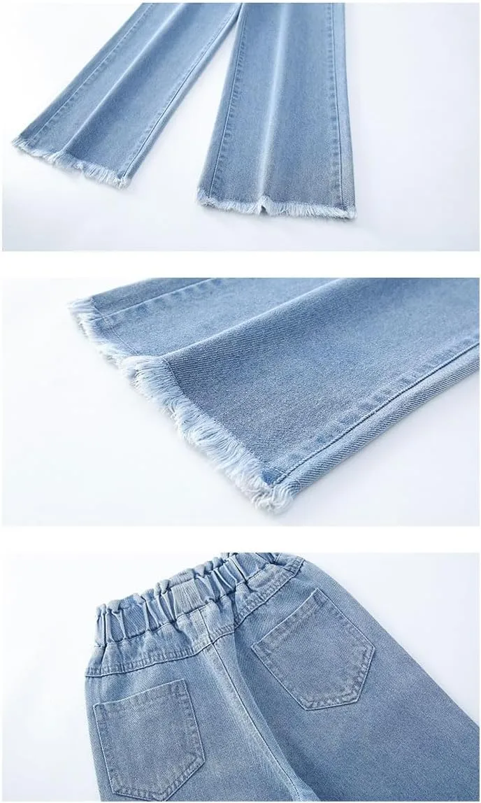 Kids Girls Baggy Jeans Casual Wide Leg High Waist Denim Pants Size 5-14 Years