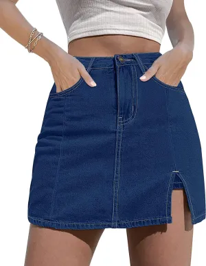 KINGFEN Women's Casual Denim Mini Skirt Hem Split High Waist Jean Skirt Short Dress Summer