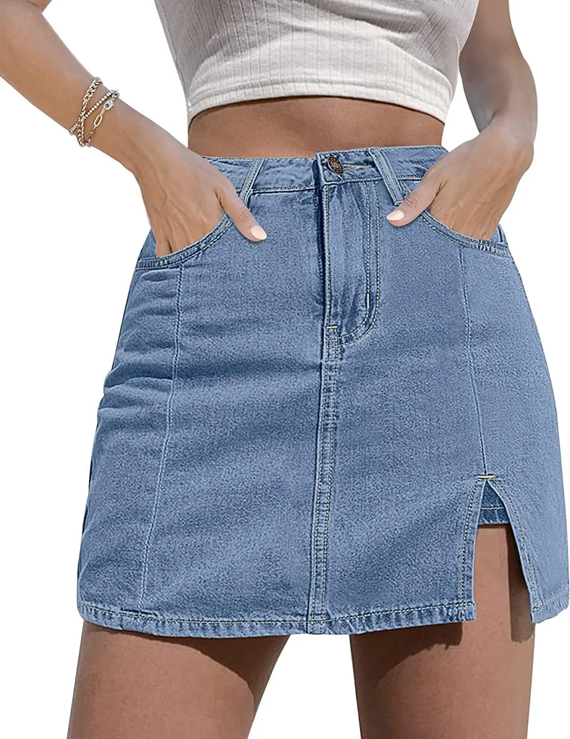 KINGFEN Women's Casual Denim Mini Skirt Hem Split High Waist Jean Skirt Short Dress Summer
