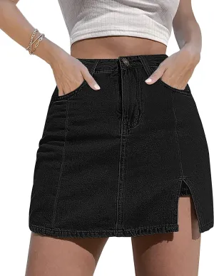 KINGFEN Women's Casual Denim Mini Skirt Hem Split High Waist Jean Skirt Short Dress Summer