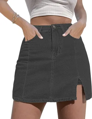 KINGFEN Women's Casual Denim Mini Skirt Hem Split High Waist Jean Skirt Short Dress Summer